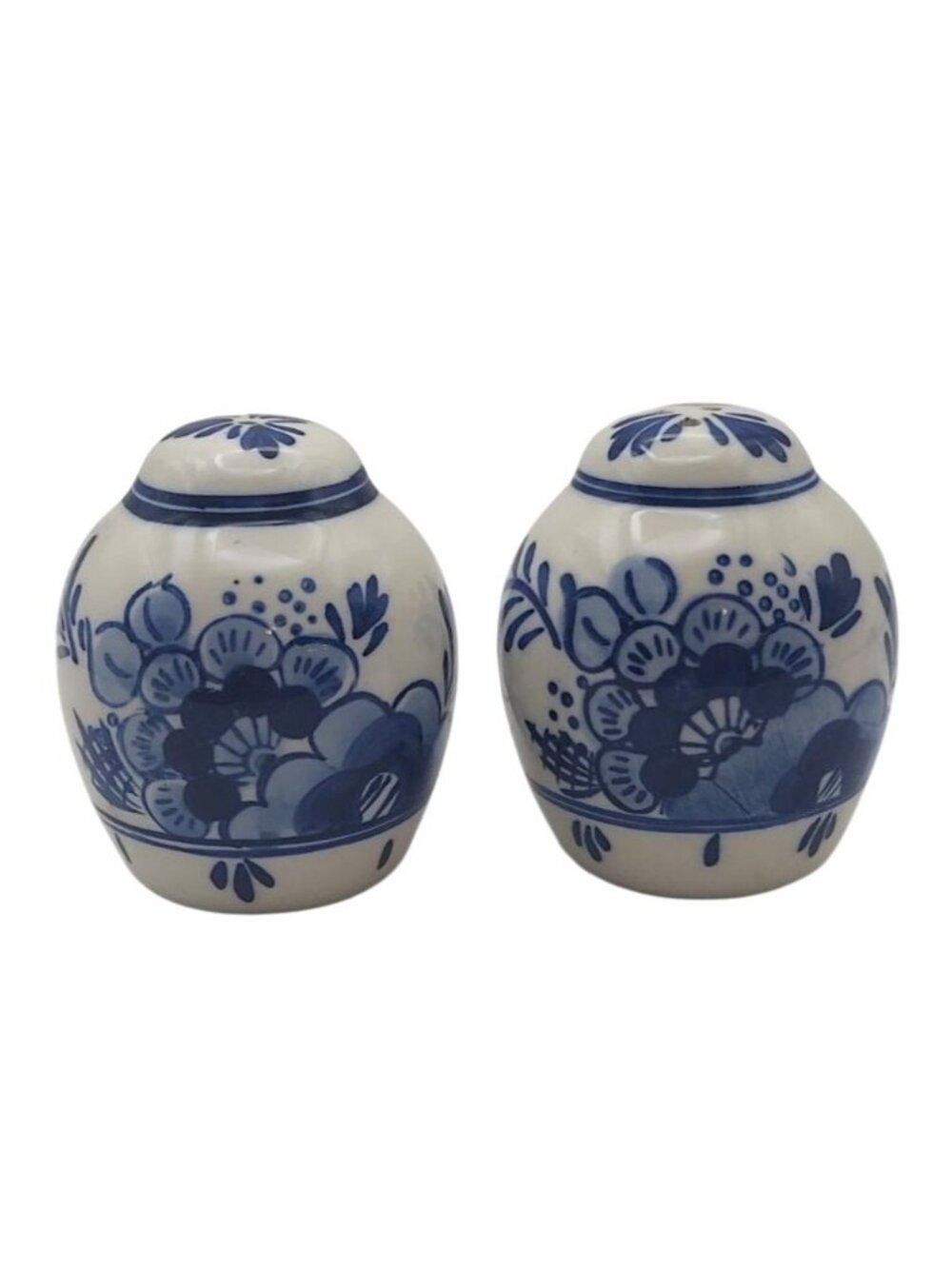 Hand Painted Delft Blue Ceramic Salt & Pepper Shaker Set With Stoppers Vintage